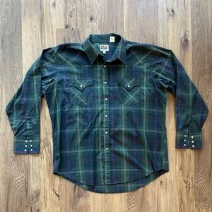 Vintage Ely Cattleman Mens 17.5 X 34 Green Plaid Western Pearl Snap Shirt 90s
